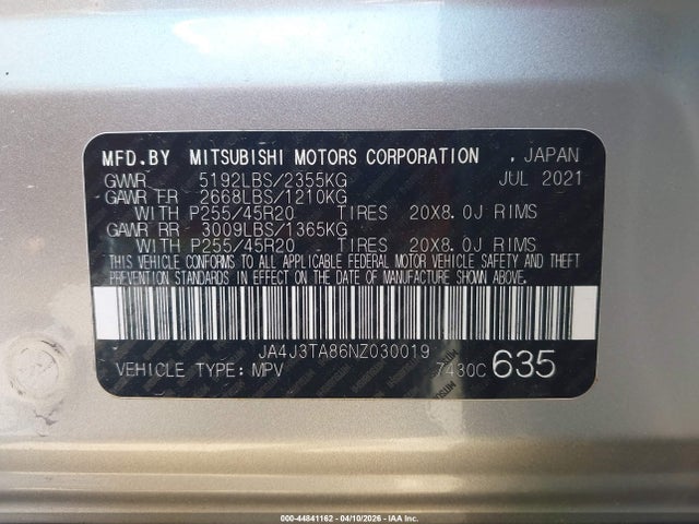 44841162 :رقم المزاد ، JA4J3TA86NZ030019 vin ، 2022 Mitsubishi Outlander Es 2.5 2wd مزاد بيع