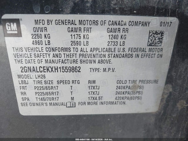 44841166 :رقم المزاد ، 2GNALCEKXH1559862 vin ، 2017 Chevrolet Equinox Lt مزاد بيع