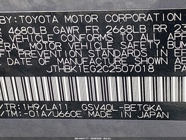 44841177 :رقم المزاد ، JTHBK1EG2C2507018 vin ، 2012 Lexus Es 350 مزاد بيع