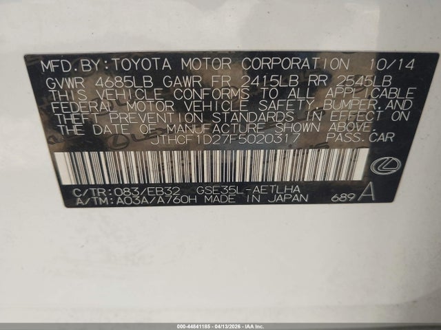 Продажа на аукционе авто 2015 Lexus Is 250 Crafted Line, vin: JTHCF1D27F5020317, номер лота: 44841185
