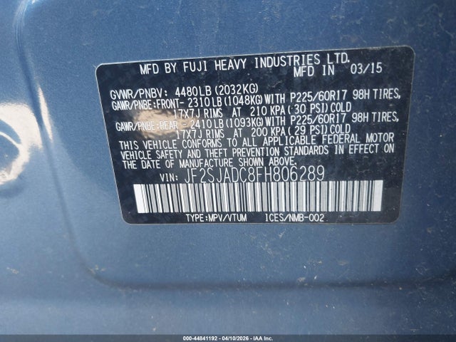 Продаж на аукціоні авто 2015 Subaru Forester 2.5i Premium, vin: JF2SJADC8FH806289, номер лоту: 44841192