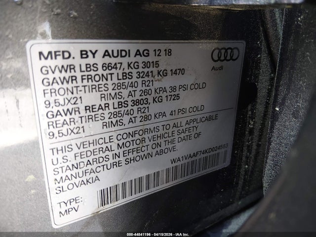 44841196 :رقم المزاد ، WA1VAAF74KD024563 vin ، 2019 Audi Q7 55 Premium مزاد بيع