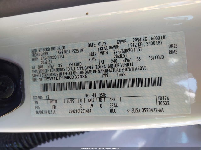Продажа на аукционе авто 2021 Ford F-150 Xlt, vin: 1FTEW1EP1MKD32085, номер лота: 44841198