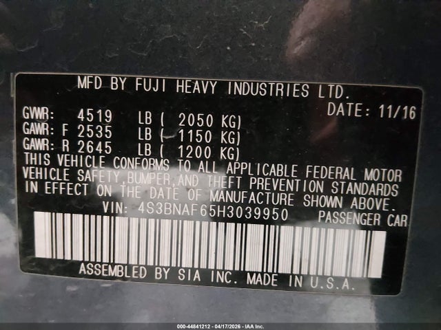 4S3BNAF65H3039950 Subaru Legacy 2.5i Premium
