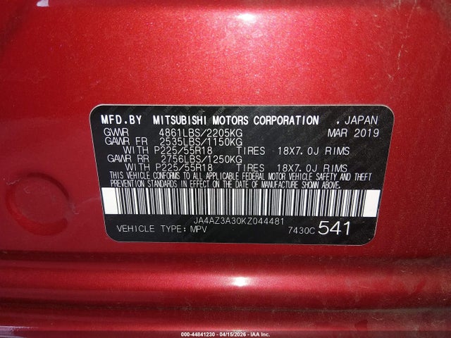 Aukcja sprzedaży 2019 Mitsubishi Outlander Se, vin: JA4AZ3A30KZ044481, numer aukcji: 44841230