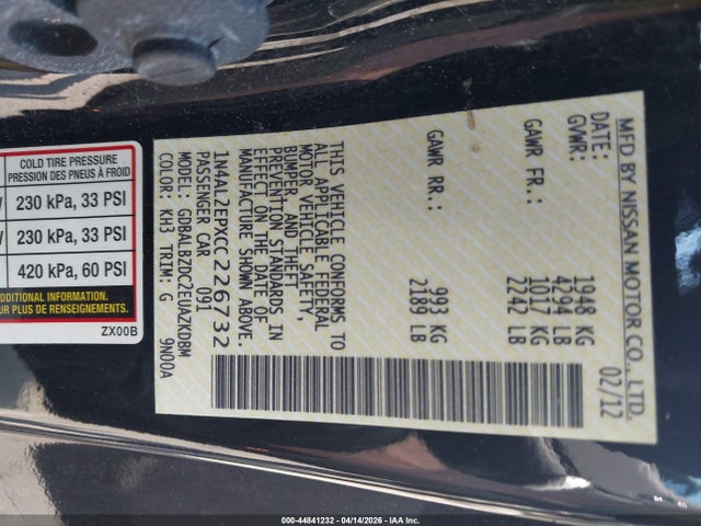 Aukcja sprzedaży 2012 Nissan Altima 2.5 S, vin: 1N4AL2EPXCC226732, numer aukcji: 44841232