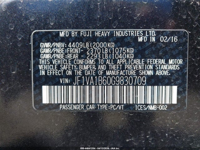 2016 Subaru Wrx მანქანა იყიდება აუქციონზე, vin: JF1VA1B60G9830709, აუქციონის ნომერი: 44841254