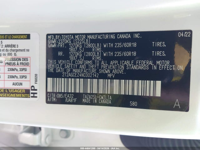 Aukcja sprzedaży 2022 Lexus Nx 350, vin: 2T2AGCEZ4NC002142, numer aukcji: 44841269