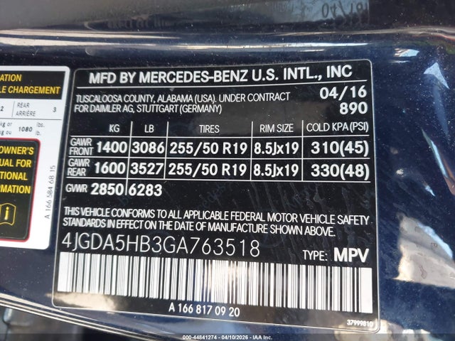 44841274 :رقم المزاد ، 4JGDA5HB3GA763518 vin ، 2016 Mercedes-benz Gle 350 4matic مزاد بيع