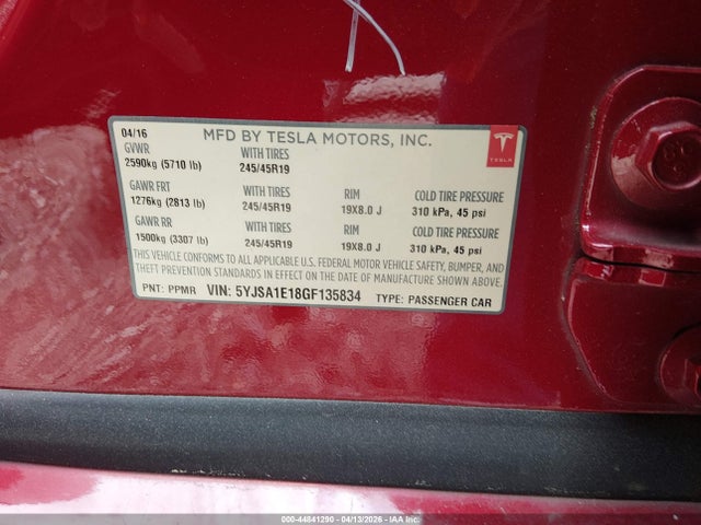 Продажа на аукционе авто 2016 Tesla Model S 60/70/75/85, vin: 5YJSA1E18GF135834, номер лота: 44841290