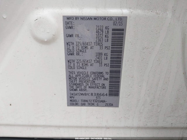 2015 Nissan Rogue Sv მანქანა იყიდება აუქციონზე, vin: 5N1AT2MV8FC838664, აუქციონის ნომერი: 44841303