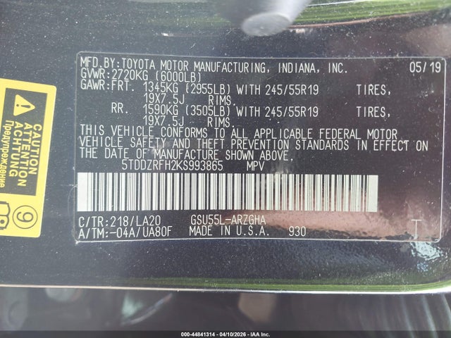 2019 Toyota Highlander Limited Platinum მანქანა იყიდება აუქციონზე, vin: 5TDDZRFH2KS993865, აუქციონის ნომერი: 44841314