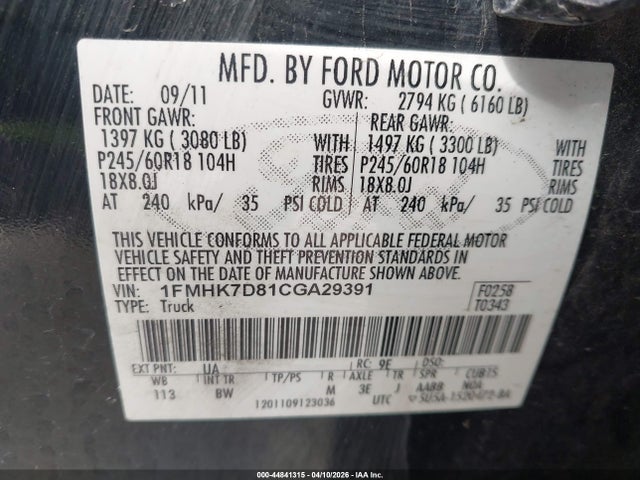 Auction sale of the 2012 Ford Explorer Xlt, vin: 1FMHK7D81CGA29391, lot number: 44841315