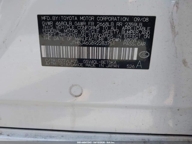 Aukcja sprzedaży 2009 Lexus Es 350, vin: JTHBJ46G892283751, numer aukcji: 44841343