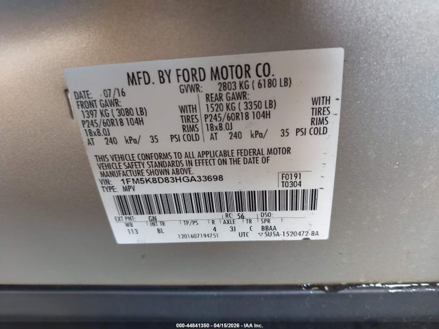 1FM5K8D83HGA33698 Ford EXPLORER XLT