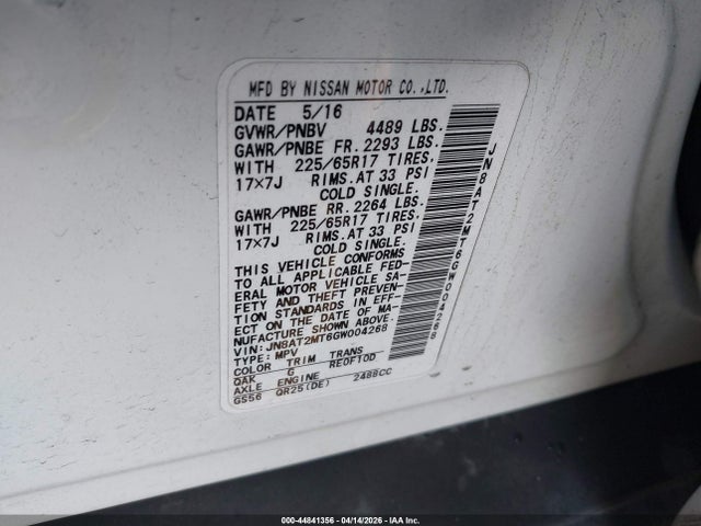 Aukcja sprzedaży 2016 Nissan Rogue S, vin: JN8AT2MT6GW004268, numer aukcji: 44841356