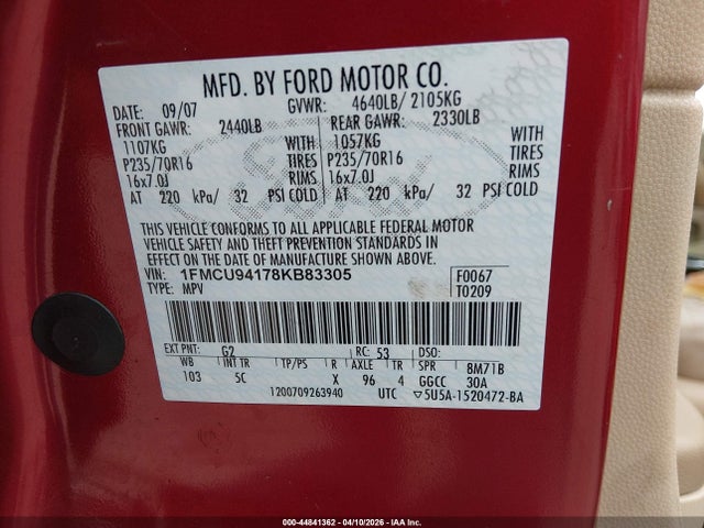 44841362 :رقم المزاد ، 1FMCU94178KB83305 vin ، 2008 Ford Escape Limited مزاد بيع