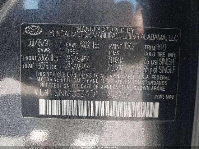 Aukcja sprzedaży 2020 Hyundai Santa Fe Sel, vin: 5NMS33AD1LH252766, numer aukcji: 44841365