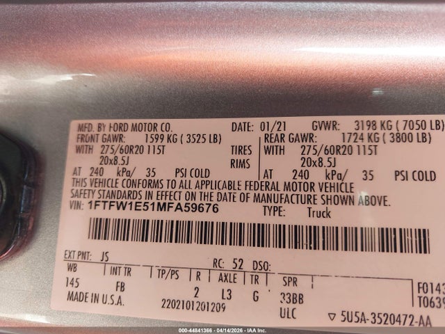 Продажа на аукционе авто 2021 Ford F-150 Xlt, vin: 1FTFW1E51MFA59676, номер лота: 44841366