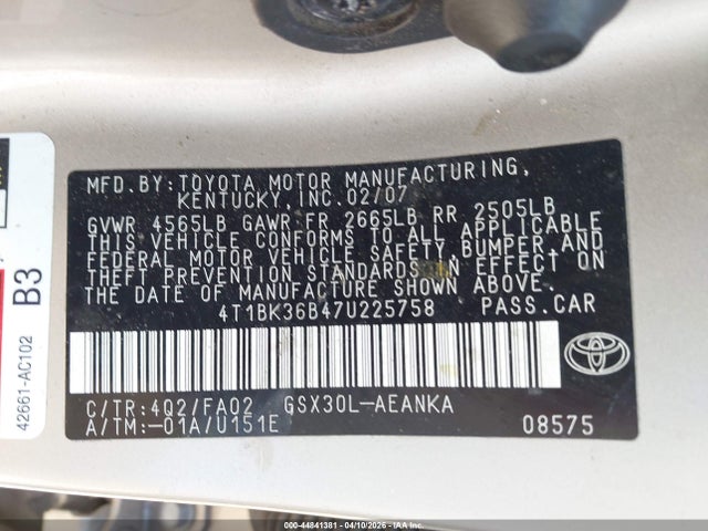 2007 Toyota Avalon Xl მანქანა იყიდება აუქციონზე, vin: 4T1BK36B47U225758, აუქციონის ნომერი: 44841381