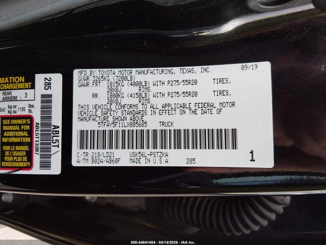 Aukcja sprzedaży 2020 Toyota Tundra 1794 Edition, vin: 5TFAY5F11LX885685, numer aukcji: 44841404
