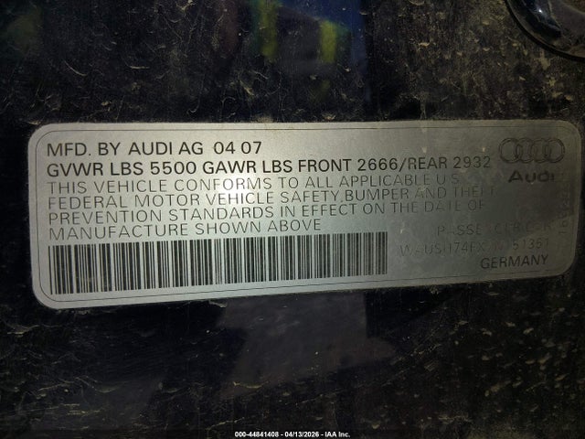 2007 Audi A6 3.2 Avant მანქანა იყიდება აუქციონზე, vin: WAUSH74FX7N151351, აუქციონის ნომერი: 44841408