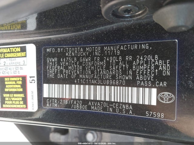 2020 Toyota Camry Le მანქანა იყიდება აუქციონზე, vin: 4T1C11AK3LU896870, აუქციონის ნომერი: 44841413