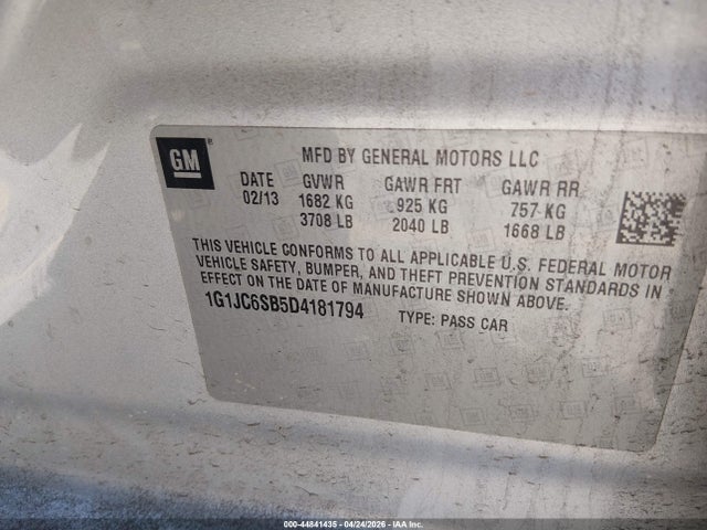 44841435 :رقم المزاد ، 1G1JC6SB5D4181794 vin ، 2013 Chevrolet Sonic Lt Auto مزاد بيع