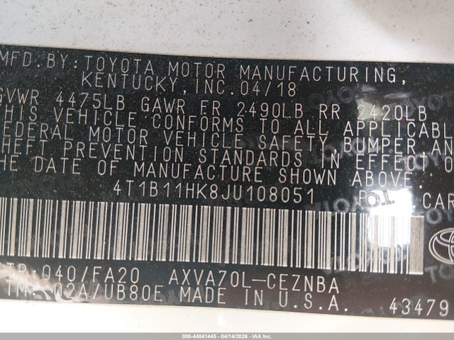 Продажа на аукционе авто 2018 Toyota Camry Le, vin: 4T1B11HK8JU108051, номер лота: 44841445