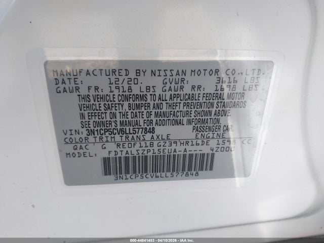 2020 Nissan Kicks Sv Xtronic Cvt მანქანა იყიდება აუქციონზე, vin: 3N1CP5CV6LL577848, აუქციონის ნომერი: 44841453