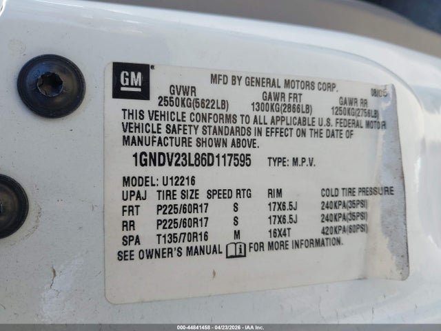 44841458 :رقم المزاد ، 1GNDV23L86D117595 vin ، 2006 Chevrolet Uplander Ls مزاد بيع