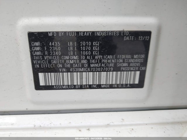 2013 Subaru Legacy 2.5i Premium მანქანა იყიდება აუქციონზე, vin: 4S3BMBC67D3027029, აუქციონის ნომერი: 44841472