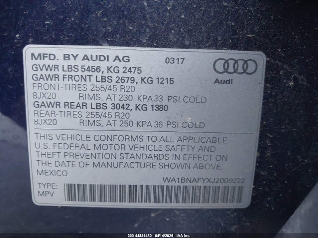 Aukcja sprzedaży 2018 Audi Q5, vin: WA1BNAFYXJ2009222, numer aukcji: 44841480