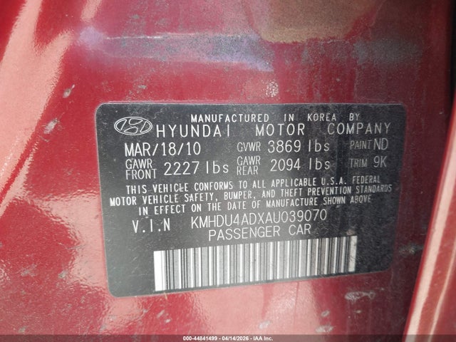 2010 Hyundai Elantra Gls მანქანა იყიდება აუქციონზე, vin: KMHDU4ADXAU039070, აუქციონის ნომერი: 44841499