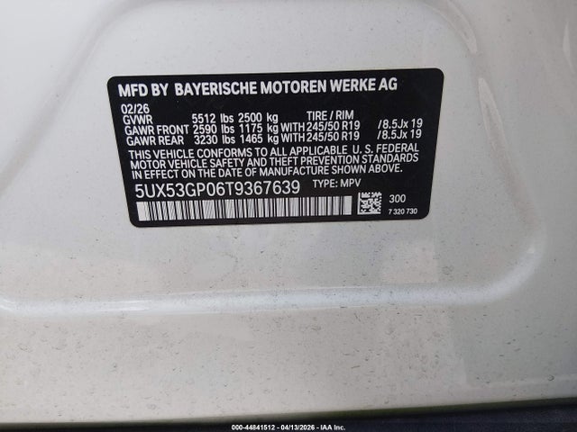 44841512 :رقم المزاد ، 5UX53GP06T9367639 vin ، 2026 Bmw X3 30 Xdrive مزاد بيع