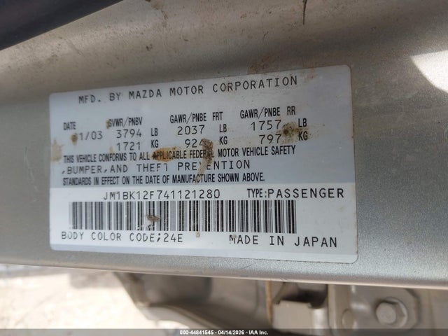 Продажа на аукционе авто 2004 Mazda Mazda3 I, vin: JM1BK12F741121280, номер лота: 44841545