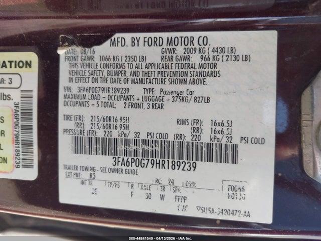 Продажа на аукционе авто 2017 Ford Fusion S, vin: 3FA6P0G79HR189239, номер лота: 44841549