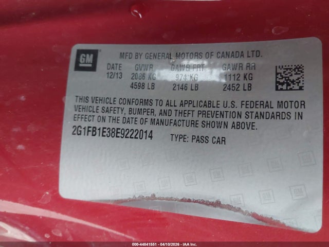 44841551 :رقم المزاد ، 2G1FB1E38E9222014 vin ، 2014 Chevrolet Camaro 1lt مزاد بيع