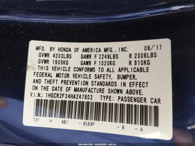 Aukcja sprzedaży 2017 Honda Accord Lx, vin: 1HGCR2F34HA247903, numer aukcji: 44841553