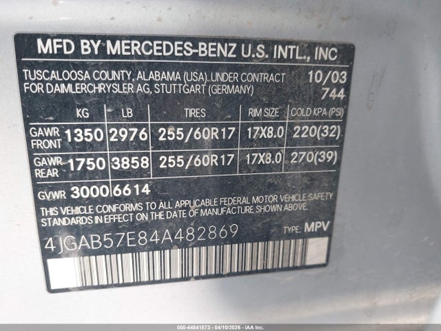 2004 Mercedes-benz Ml 350 4matic მანქანა იყიდება აუქციონზე, vin: 4JGAB57E84A482869, აუქციონის ნომერი: 44841573
