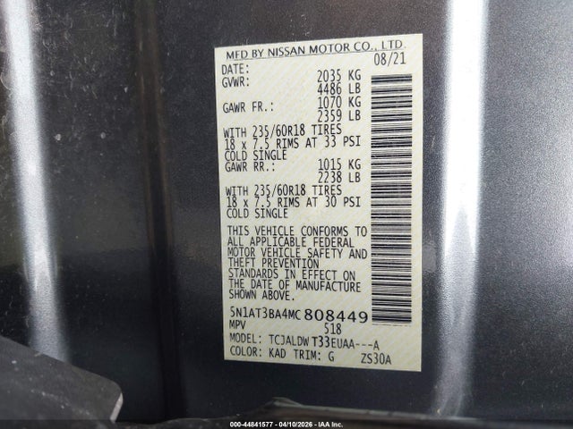 Продажа на аукционе авто 2021 Nissan Rogue Sv Fwd, vin: 5N1AT3BA4MC808449, номер лота: 44841577