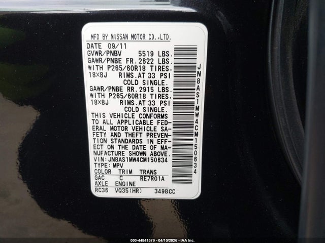 Aukcja sprzedaży 2012 Infiniti Fx35, vin: JN8AS1MW4CM150634, numer aukcji: 44841579
