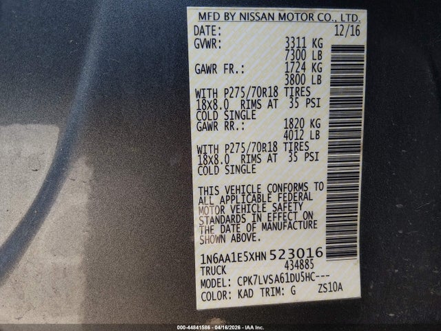 Aukcja sprzedaży 2017 Nissan Titan Sl, vin: 1N6AA1E5XHN523016, numer aukcji: 44841586