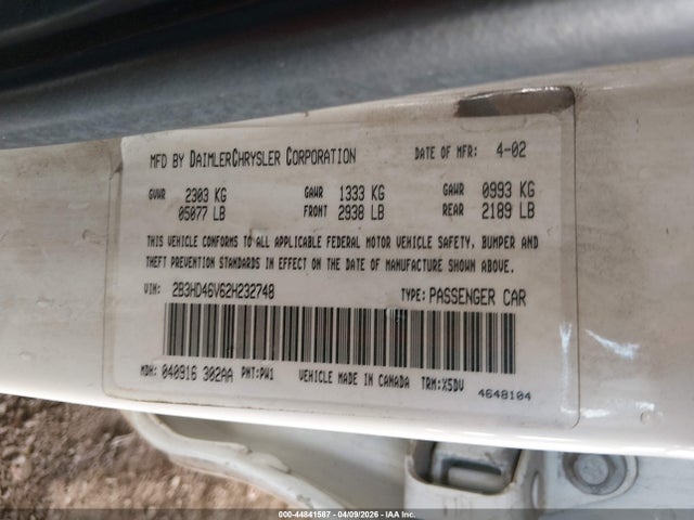 44841587 :رقم المزاد ، 2B3HD46V62H232748 vin ، 2002 Dodge Intrepid Se مزاد بيع
