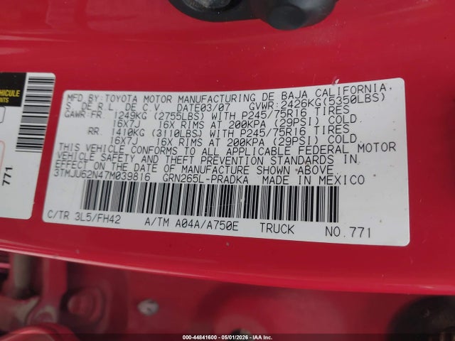 44841600 :رقم المزاد ، 3TMJU62N47M039816 vin ، 2007 Toyota Tacoma Prerunner V6 مزاد بيع