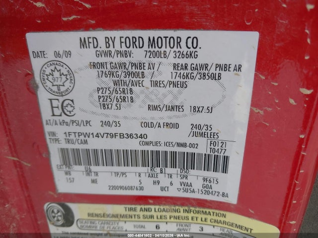 Продажа на аукционе авто 2009 Ford F-150 Fx4/king Ranch/lariat/platinum/xl/xlt, vin: 1FTPW14V79FB36340, номер лота: 44841602