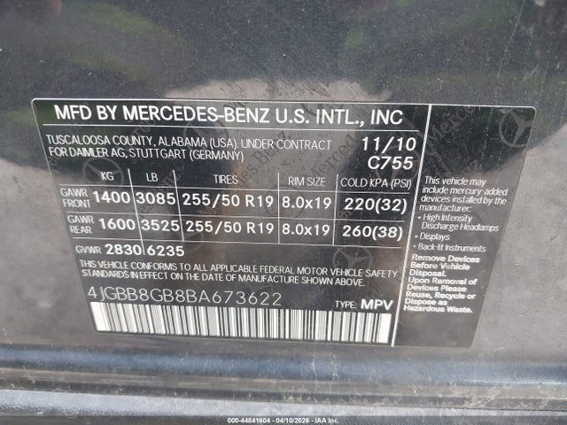 Aukcja sprzedaży 2011 Mercedes-benz Ml 350 4matic, vin: 4JGBB8GB8BA673622, numer aukcji: 44841604