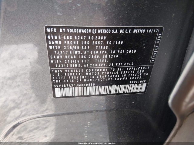 44841606 :رقم المزاد ، 3VV1B7AX1JM060680 vin ، 2018 Volkswagen Tiguan 2.0t S مزاد بيع
