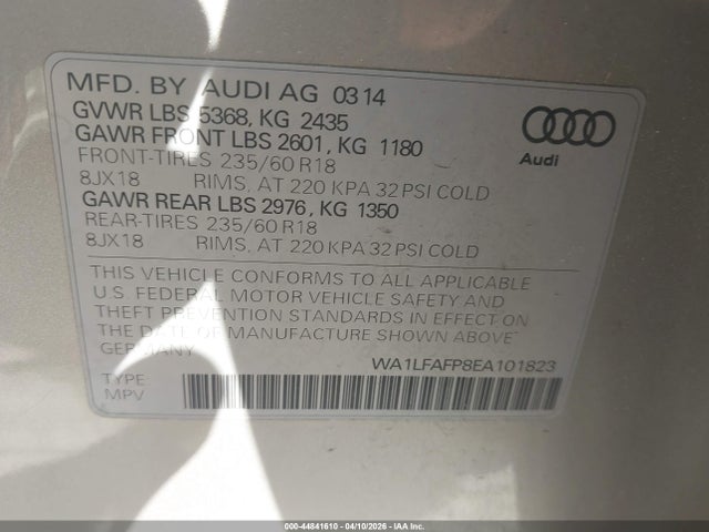44841610 :رقم المزاد ، WA1LFAFP8EA101823 vin ، 2014 Audi Q5 2.0t Premium مزاد بيع