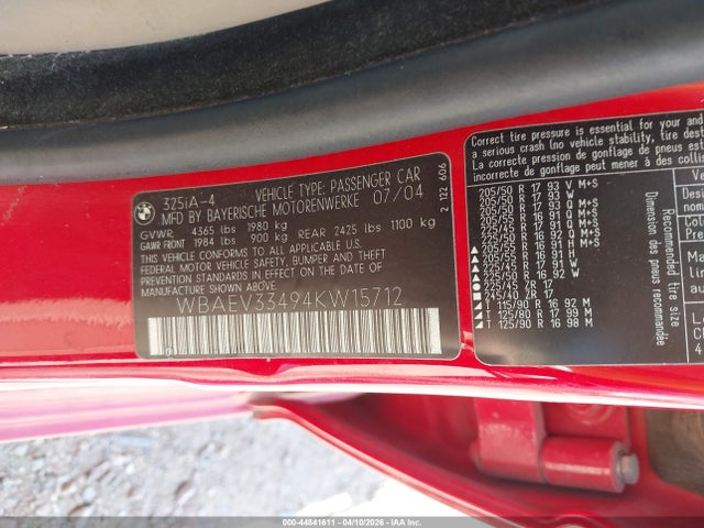 Продажа на аукционе авто 2004 Bmw 325i, vin: WBAEV33494KW15712, номер лота: 44841611